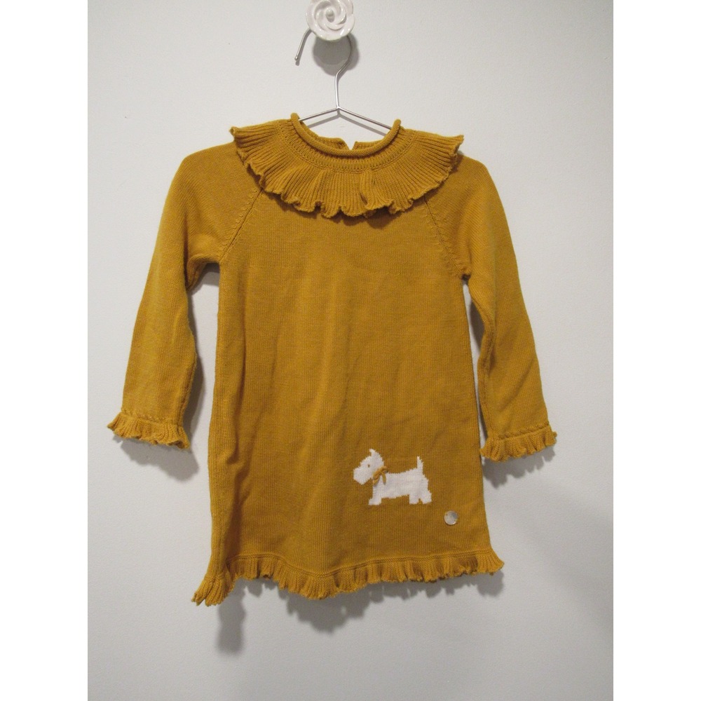 Artesania Granlei Mustard Yellow Knit Ruffle Dress Scottie Dog Spain Kids 3